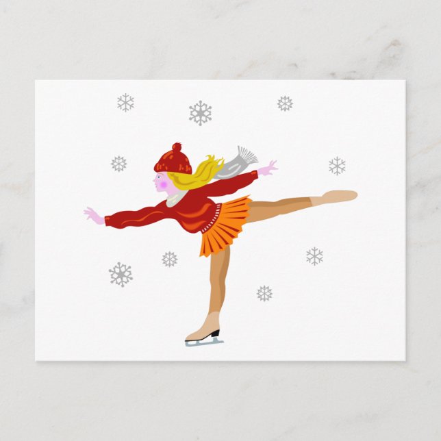 Postal Un joven Chica patinando hielo mientras caen copos (Anverso)