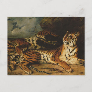 Postal Un joven tigre jugando con su madre por Delacroix