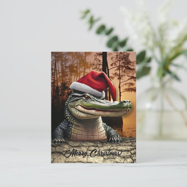 Postal Un lagarto divertido en Santa Hat (Anverso de pie)
