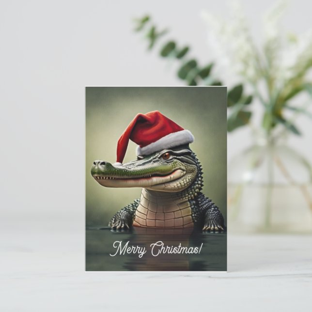 Postal Un lagarto divertido en Santa Hat (Anverso de pie)