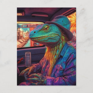 Postal Un lagarto psicodélico en un vehículo
