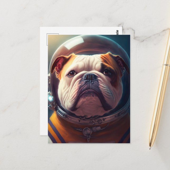 Postal Un lindo Bulldog astronauta (Anverso/Reverso In Situ)