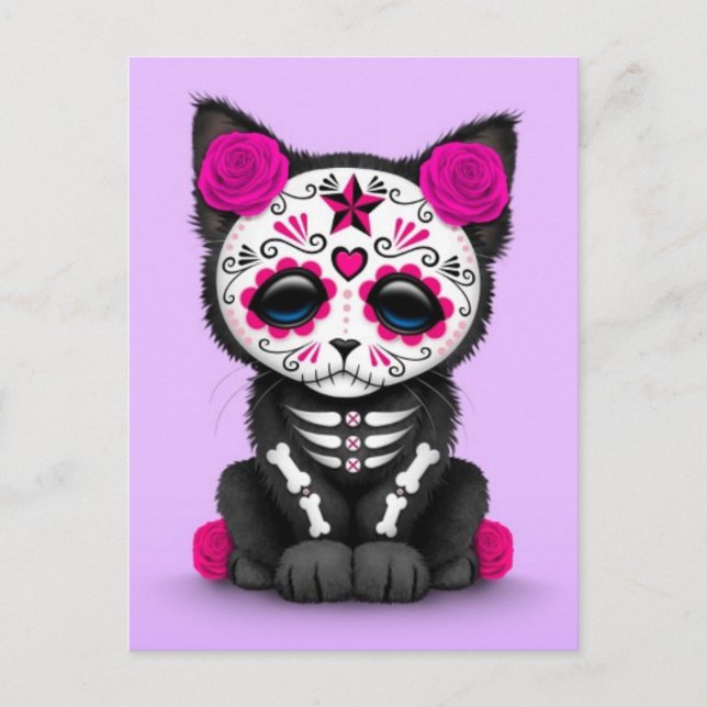Postal Un lindo día rosado del gato gatito muerto, morado (Anverso)