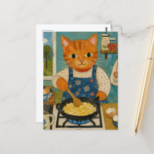 Postal Un lindo gato ginger haciendo huevos revueltos