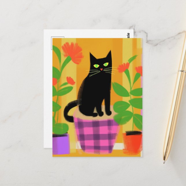Postal Un lindo gato negro con plantas (Anverso/Reverso In Situ)