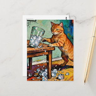Postal Un lindo gato pelirrojo derriba un vaso de hielo