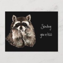 Postal Un lindo mapache con besos que envían un beso dive