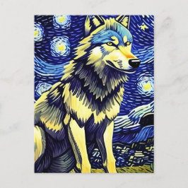 Postal Un lobo en la noche estrellada