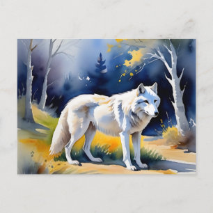 Postal Un lobo en una pintura de la acuarela del bosque