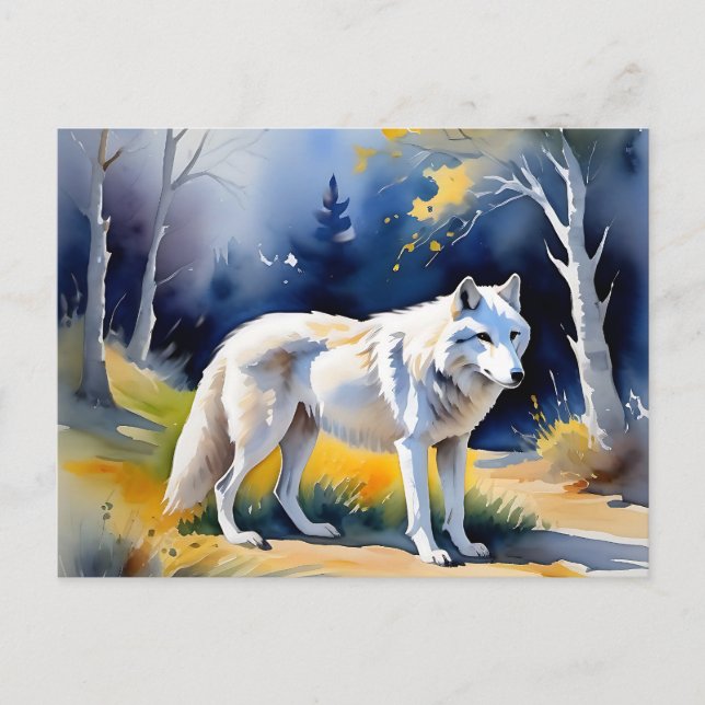 Postal Un lobo en una pintura de la acuarela del bosque (Anverso)