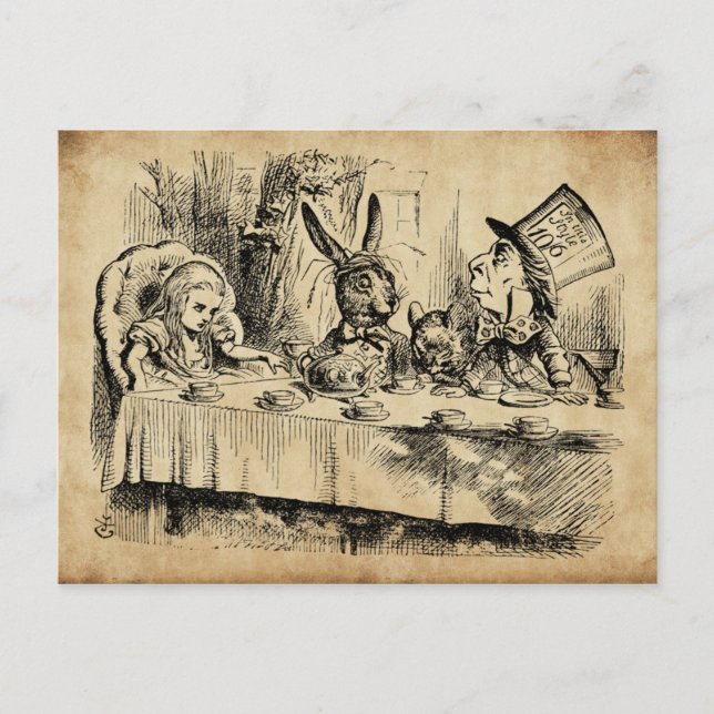 Postal Un mal té-Fiesta (1865) de John Tenniel (Anverso)