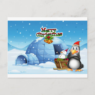 Postal Un muñeco de nieve y un pingüino frente al iglú