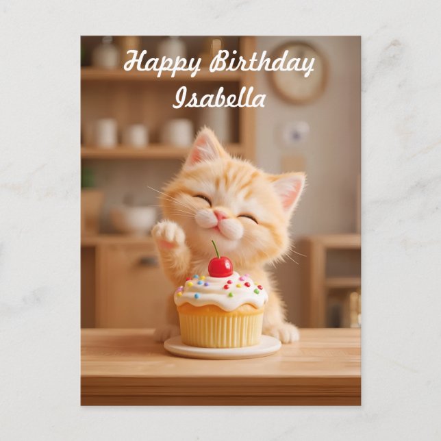 Postal Un Naranja gatito lindo con un pastel (Anverso)