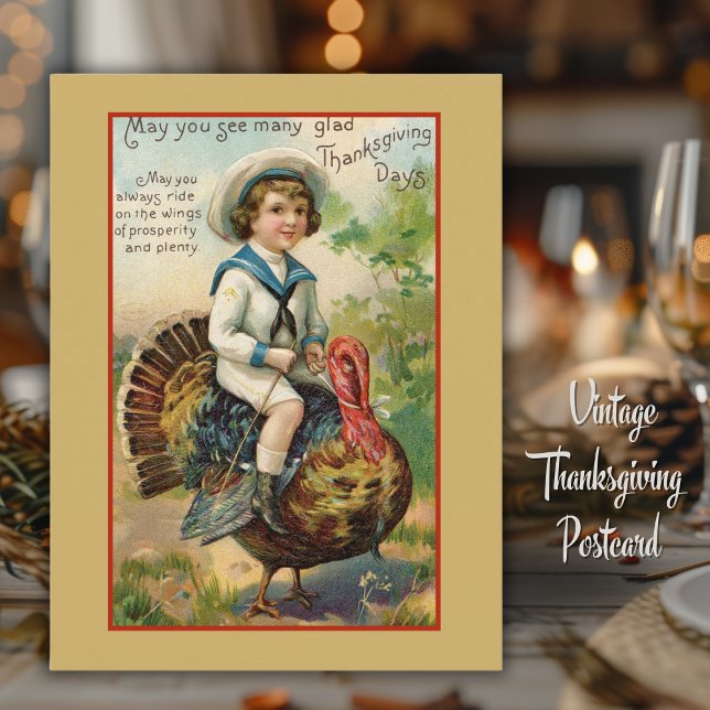 Postal Un niño montando un viejo día de acción de gracias (Boy Riding Turkey Vintage Thanksgiving Postcard)