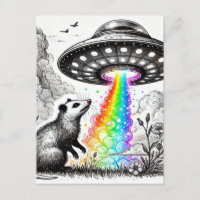 Un opossum con algunos pájaros y un OVNI