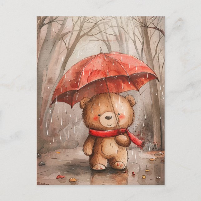Postal Un oso de peluche lindo en la lluvia (Anverso)
