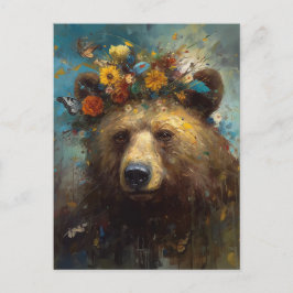 Postal Un oso lindo con una corona floral