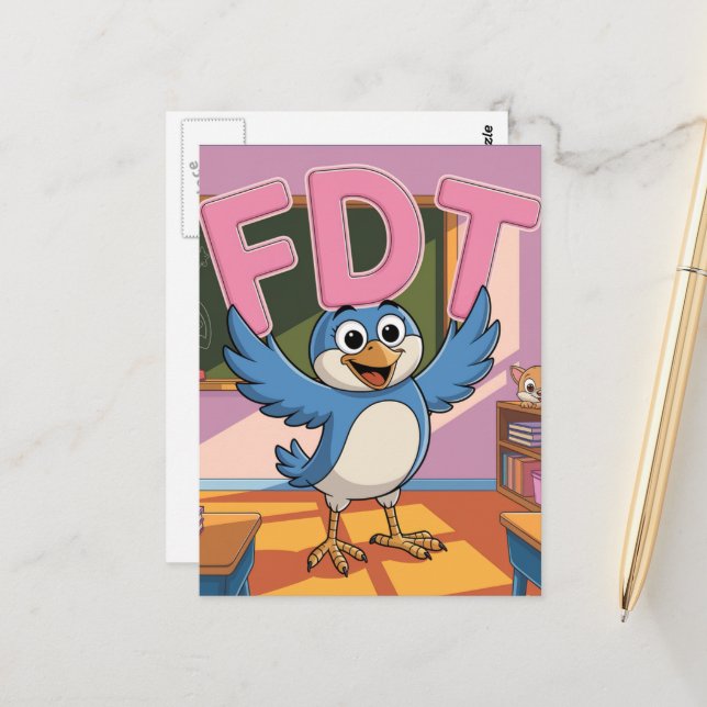 Postal Un pájaro con letras de FDT en un aula (Anverso/Reverso In Situ)