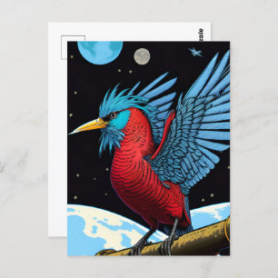 Postal Un pájaro con un palo en el espacio