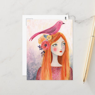 Postal Un pájaro rosado en su pelo