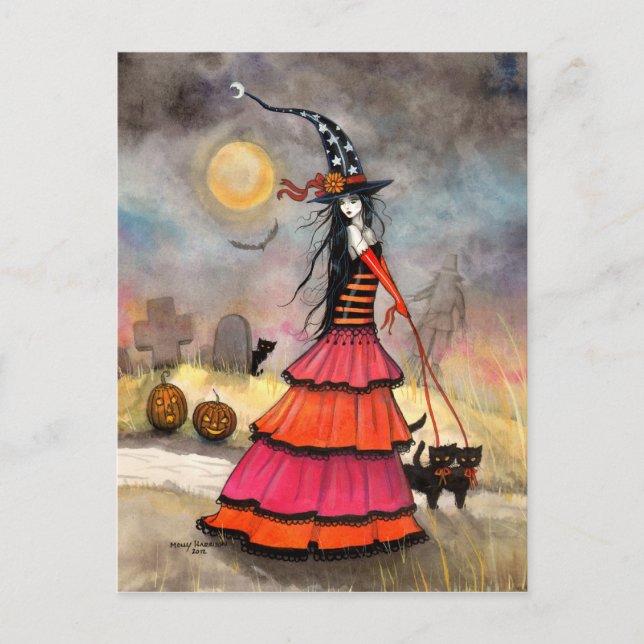 Postal Un Paseo de Halloween Bruja y Gatos Negros Arte (Anverso)