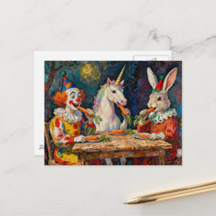 Postal Un payaso, un unicornio y un conejo comiendo zanah