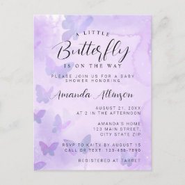 Postal Un pequeño Baby Shower morado de mariposa