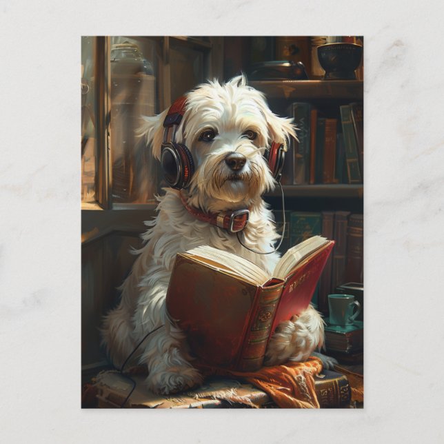 Postal Un perro lindo leyendo un libro (Anverso)