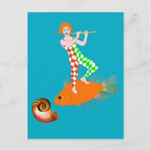 Postal Un personaje de payaso Arlequín tocando una flauta