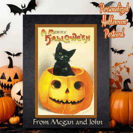 Postal Un Personalizado de gato negro retro merry Hallowe