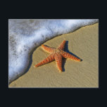Postal Un pez estrella en la playa<br><div class="desc">Sorprendente fotografía de playa,  una estrella de mar naranja brillante en el borde del agua a punto de ser cubierta por una suave ola.</div>