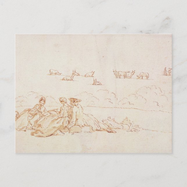 Postal Un picnic: Dos damas y un caballero (lavado marrón (Anverso)