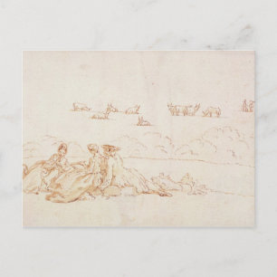 Postal Un picnic: Dos damas y un caballero (lavado marrón