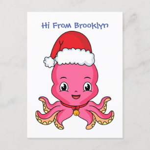 Postal Un pulpo alegre lindo usando Navidades gorra perso