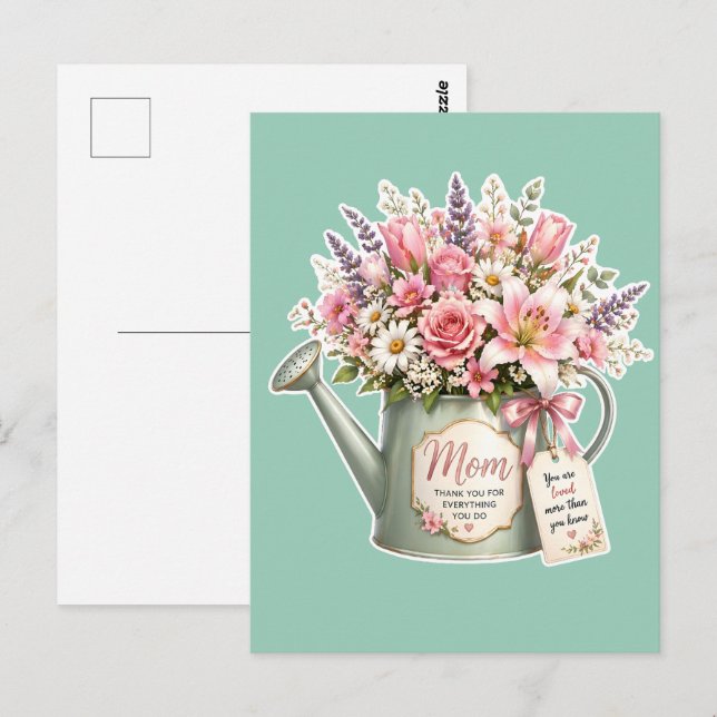 Postal Un ramo de flores en una regadera para mamá (Anverso / Reverso)