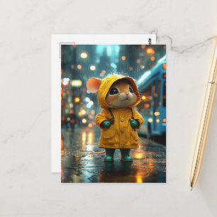 Postal Un ratón adorable con traje de lluvia amarillo en