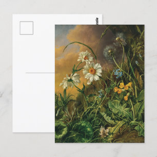 Postal Un suelo del bosque con margaritas, primaveras, ..