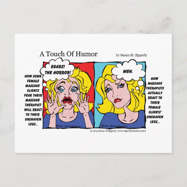 Postal "Un toque de humor": Cómic de las piernas sin afei (Anverso)