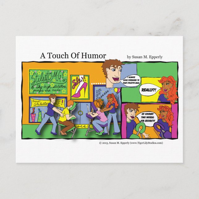 Postal "Un toque de humor", cómic de masajista en un cent (Anverso)