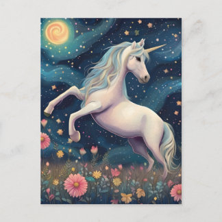 Postal Un unicornio en la noche estrellada