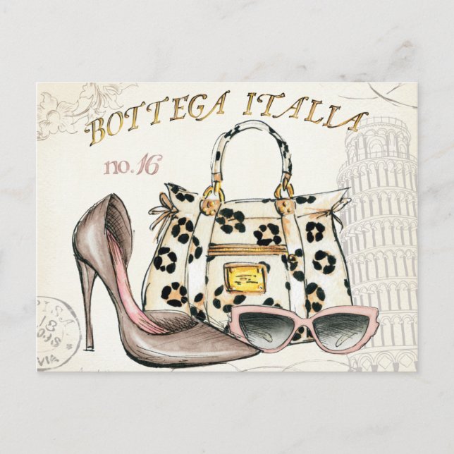 Postal Un zapato, una bolsa y un par de lentes (Anverso)