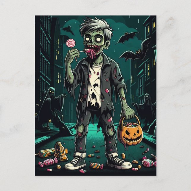 Postal Un zombi comiendo dulces de Halloween (Anverso)