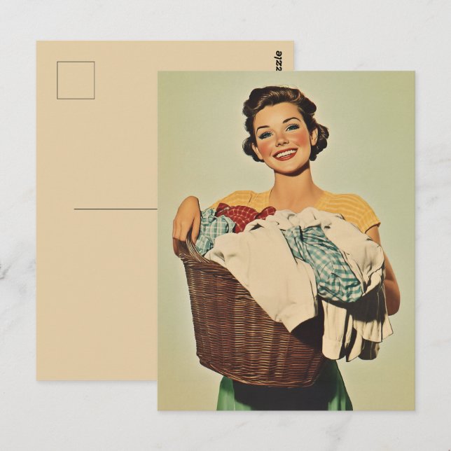 Postal Una ama de casa sonriente con una canasta de lavad (Anverso / Reverso)