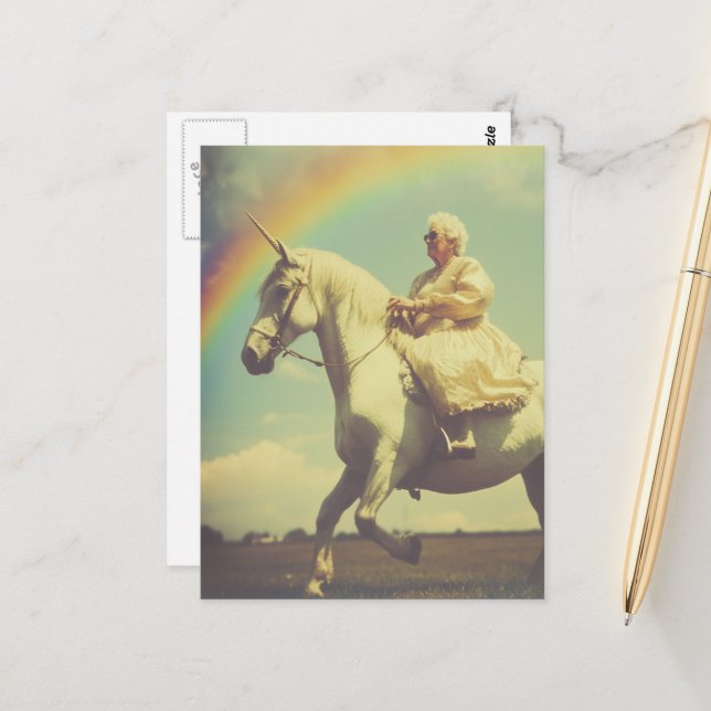 Postal Una anciana fantasmal montando unicornio (Anverso/Reverso In Situ)