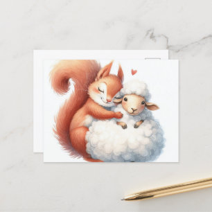 Postal Una ardilla de cuento de hadas abraza a una oveja
