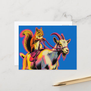 Postal Una ardilla montando una cabra Pop Art