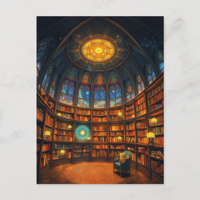 Postal Una Biblioteca Extraordinaria Flotando Entre Las E (Anverso)