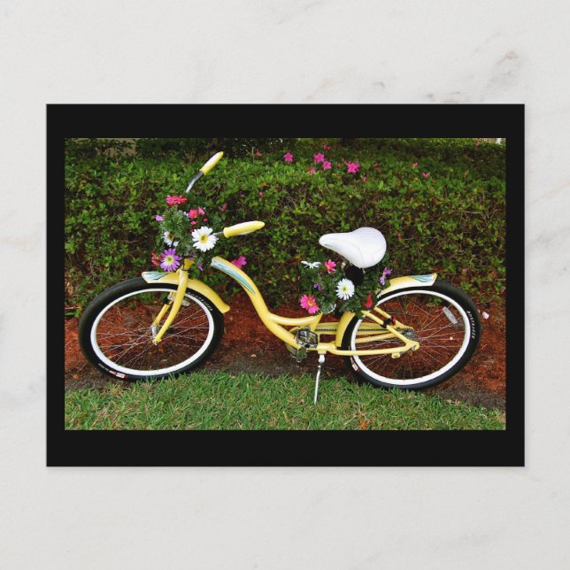 Postal Una bicicleta amarilla cubierta de flores - espald (Anverso)