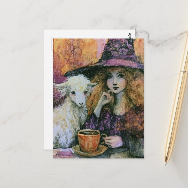 Postal Una bruja con su cabra café de la mañana (Anverso/Reverso In Situ)