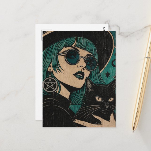 Postal Una bruja con su gato negro Grabado en madera (Anverso/Reverso In Situ)